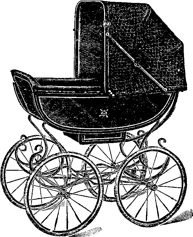 Antique Black Baby Carriage Engraving With Large Spoked Wheels PNG Artwork