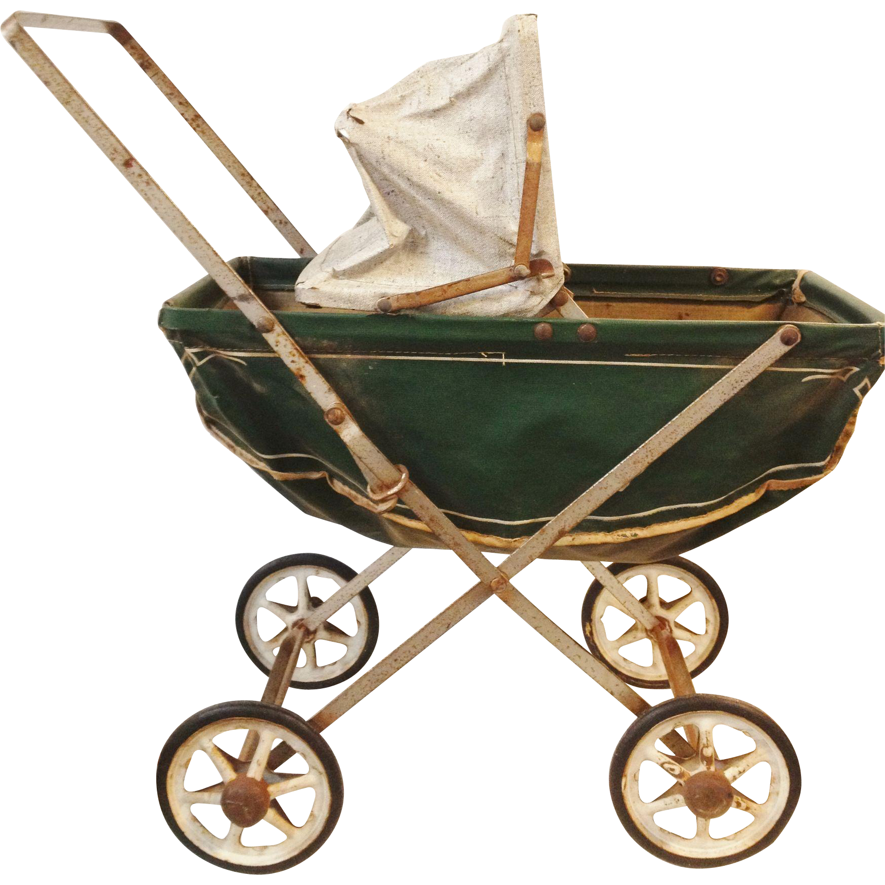 Antique Green Baby Pram With Tan Hood And Brass Wheels PNG Photo
