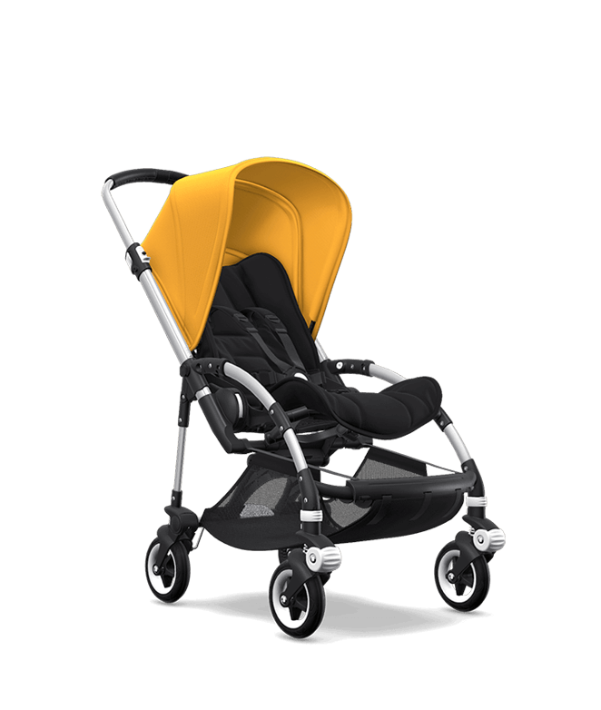 Black And Yellow Lightweight Baby Stroller With Gray Wheels PNG Image