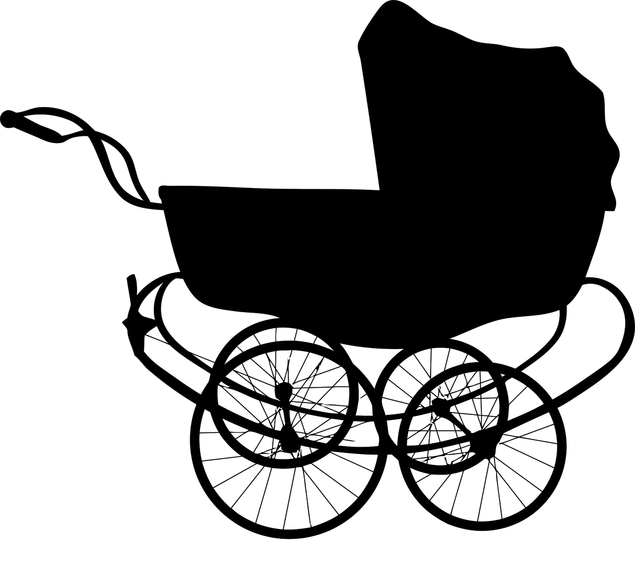 Black Outline Silhouette Of Vintage Baby Carriage PNG Graphic