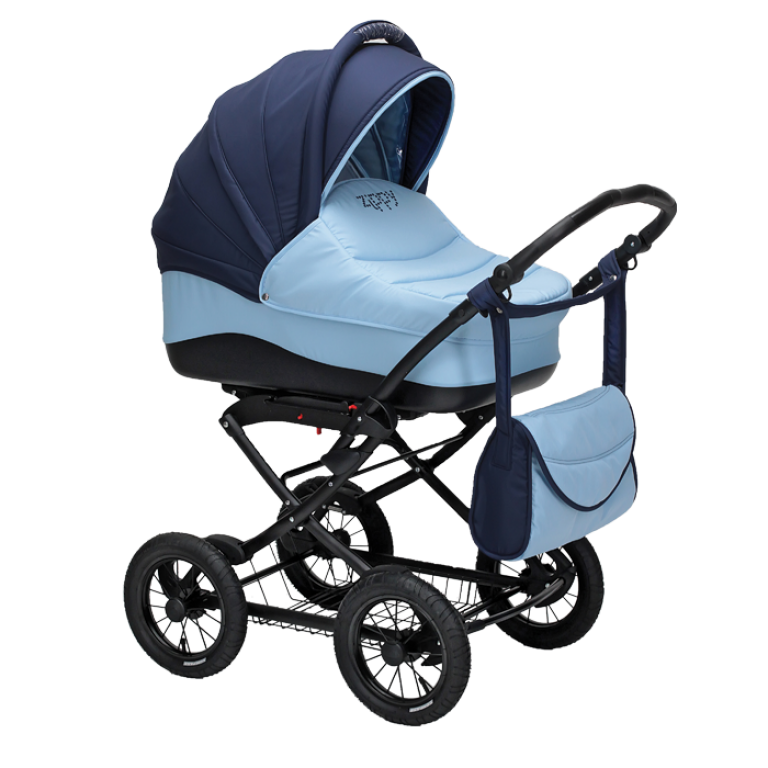Blue Vintage Bassinet Stroller With Silver Frame And Storage PNG Photo