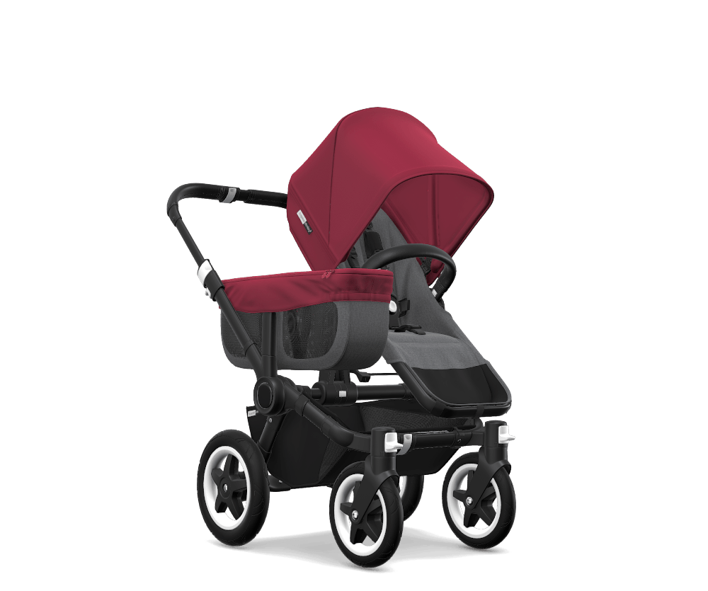 Burgundy Baby Bassinet Stroller With Black Four Wheel Frame PNG Image
