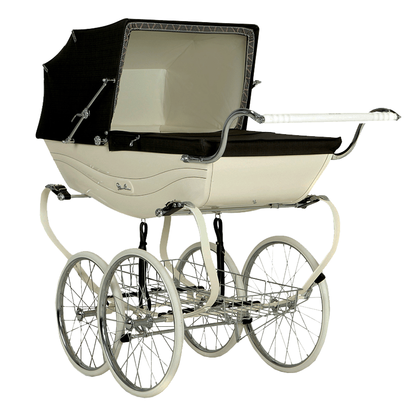 Classic Cream And Black Vintage Baby Carriage With Spoked Wheels PNG Photo