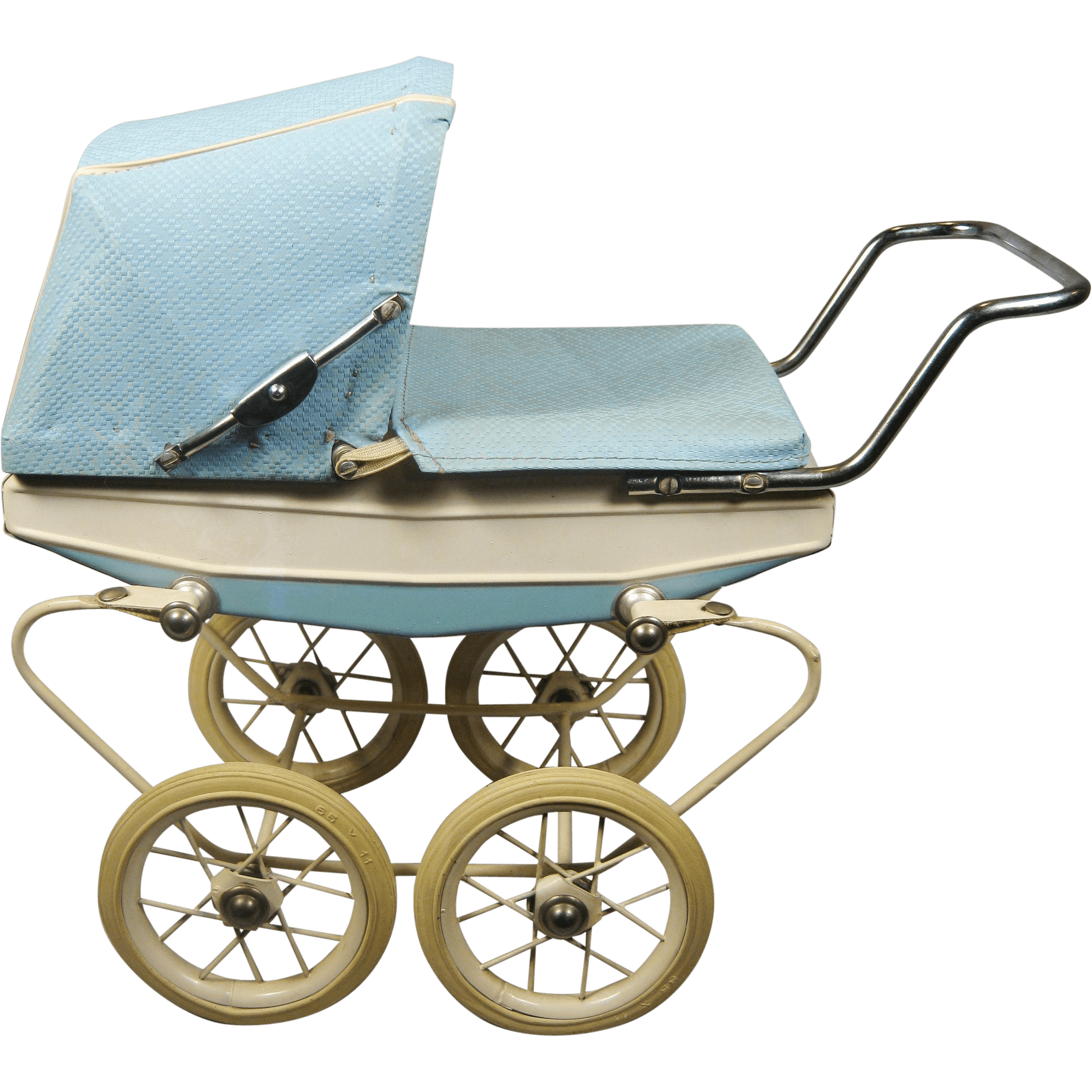 Light Blue Vintage Baby Carriage With Cream Spoked Wheels PNG Illustration
