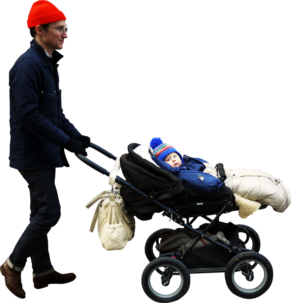 Man Walking Dog Beside Baby Stroller On Outdoor Path PNG Photo
