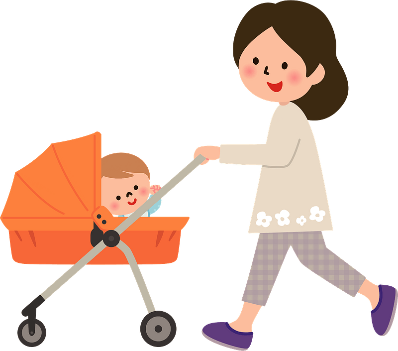 Mother Pushing Orange Baby Stroller With Infant PNG Family Illustration
