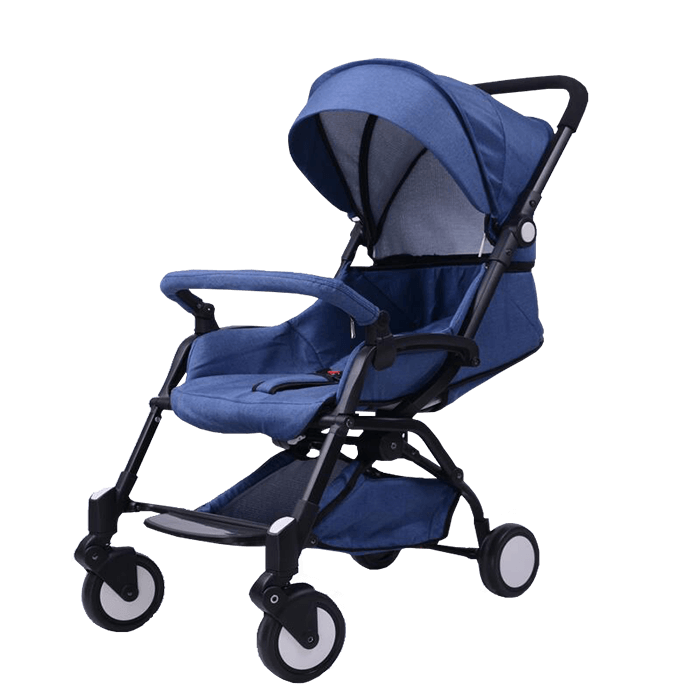 Navy Blue And Gray Lightweight Baby Stroller With Front Swivel Wheels PNG Image