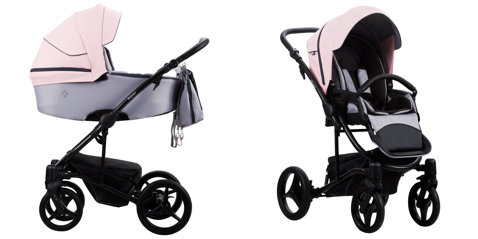 Pair Of Modern Baby Strollers With Gray And Pink Carrycots PNG Product Graphic