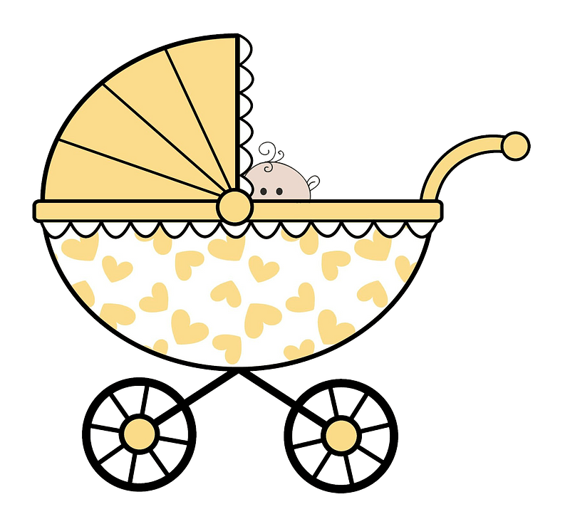 Pink Baby Pram With Yellow Heart Canopy And Curved Handle PNG Artwork
