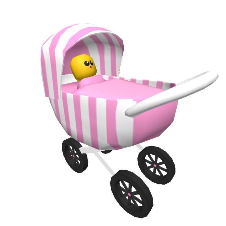 Pink Striped Baby Bassinet Pram With Small Toy Character PNG Artwork