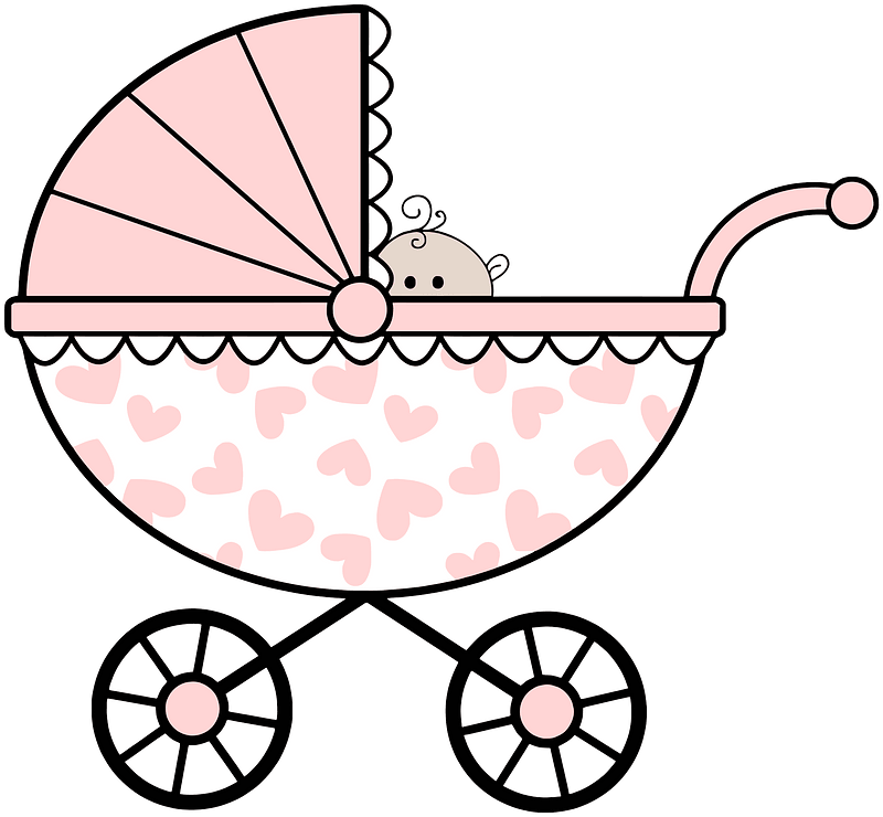 Pink Vintage Baby Carriage With Heart Pattern And Curved Handle PNG Illustration