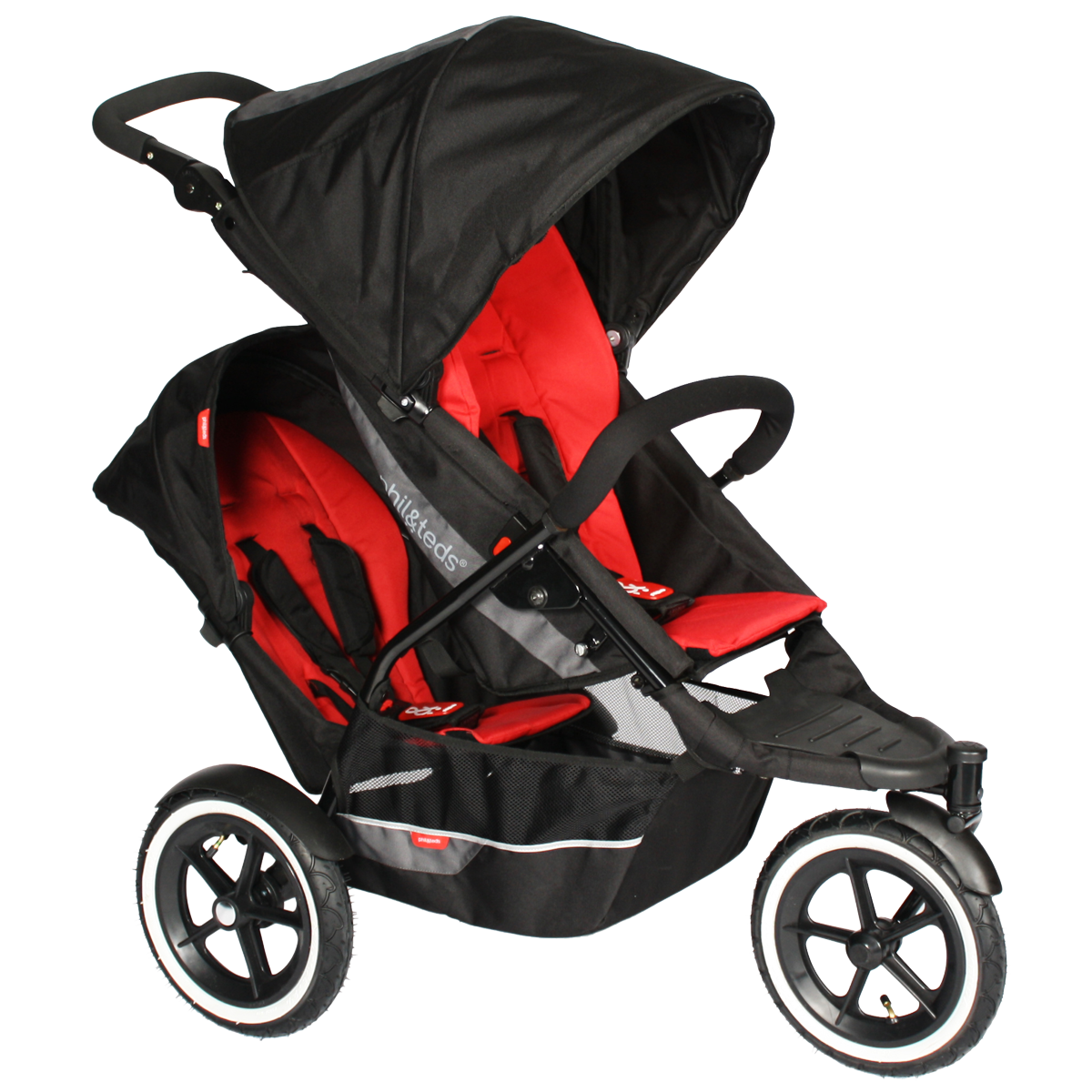Red And Black Double Seat Jogging Stroller With Storage Basket PNG Photo