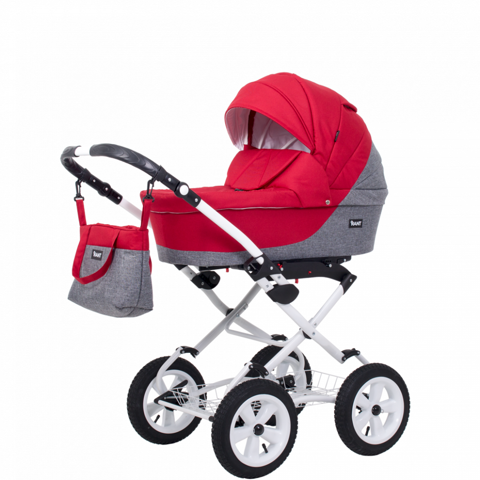 Red Bassinet Stroller With Black Hood And Chrome Wheels PNG Image