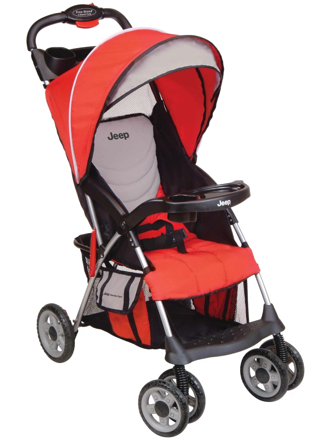 Red Compact Umbrella Baby Stroller With Gray Frame PNG Photo