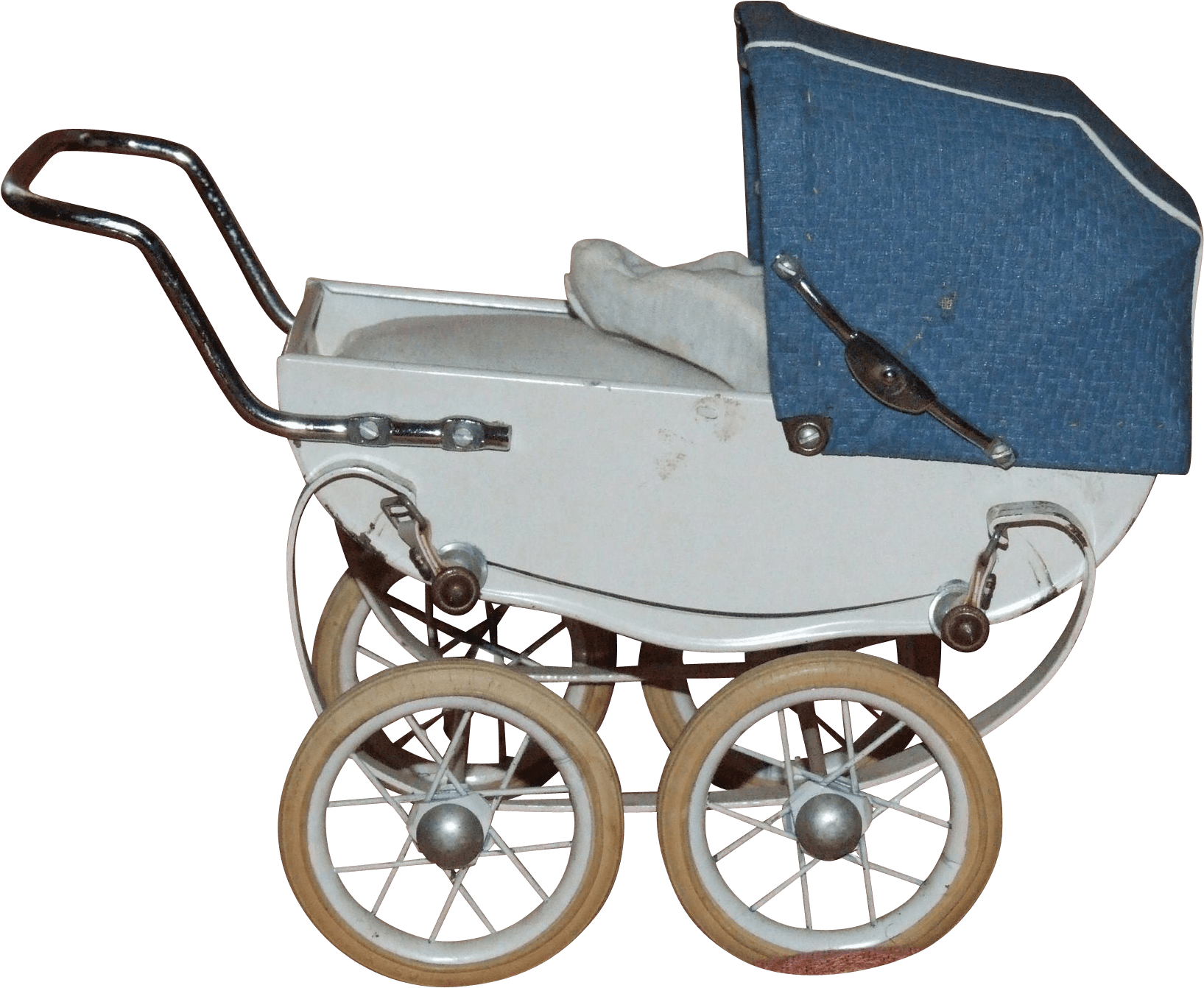 Vintage White And Blue Baby Pram With Large Spoked Wheels PNG Photo