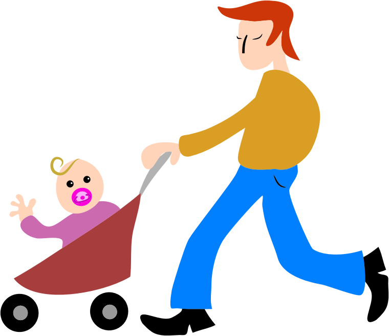 Woman Pushing Orange And Blue Baby Stroller In Side View PNG Illustration