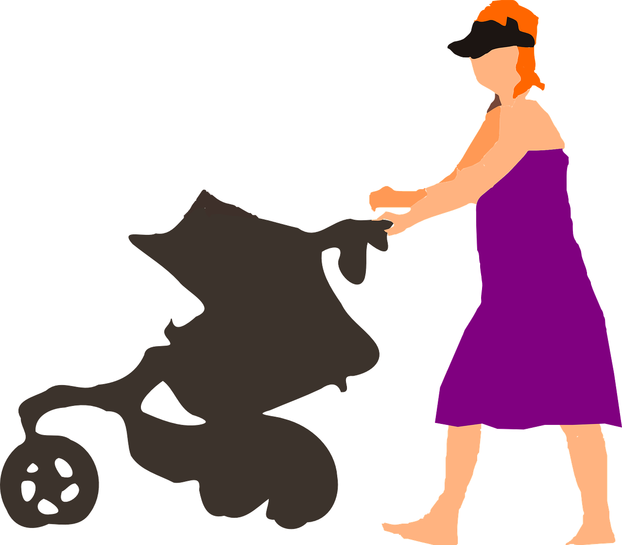 Woman Walking And Pushing Dark Baby Stroller Colorful PNG Illustration