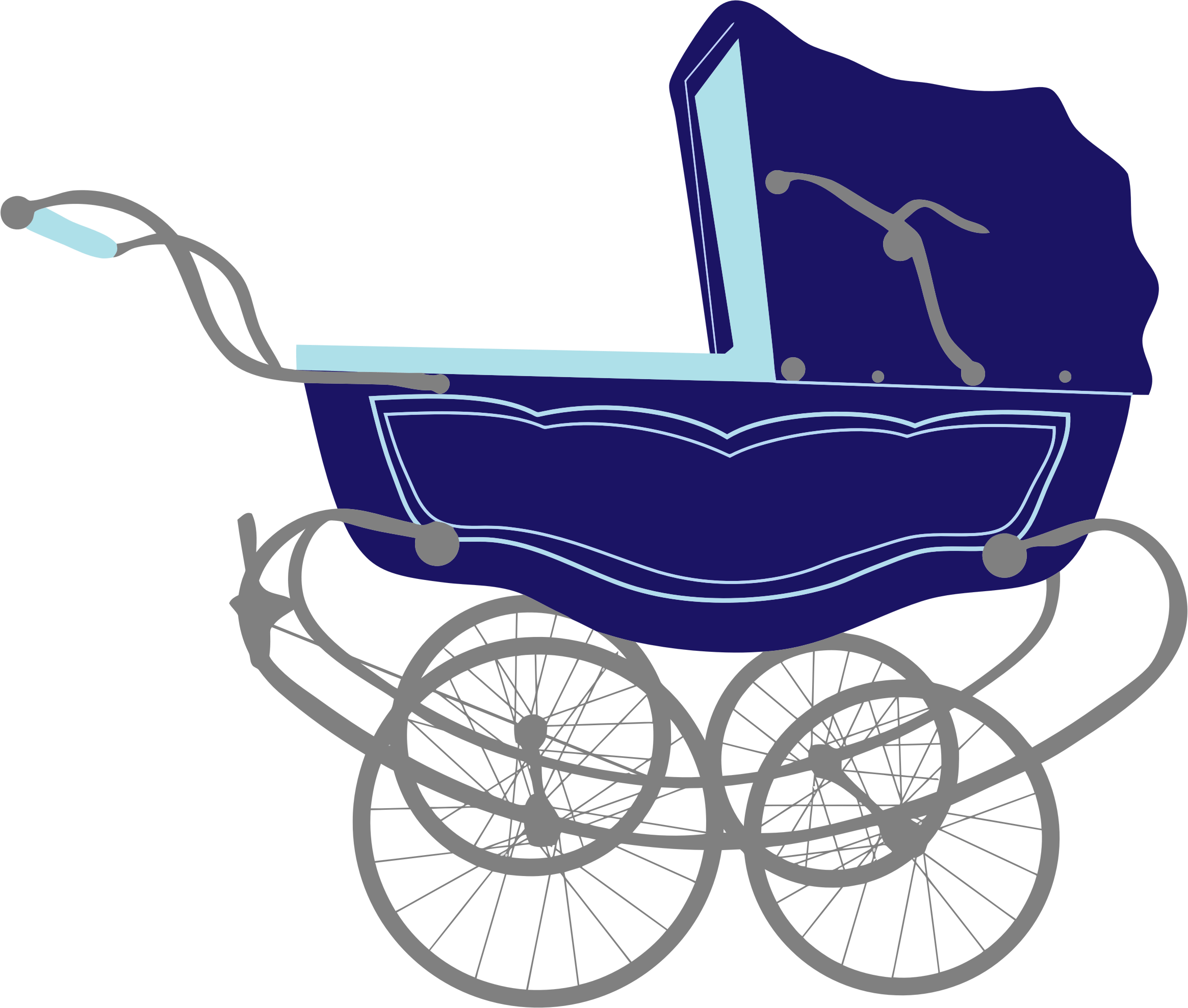 Blue Antique Baby Carriage With Lace Canopy And Spoked Wheels PNG Photo