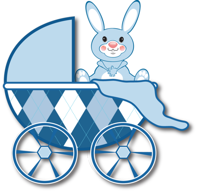 Blue Argyle Baby Pram With Cute White Rabbit Character PNG Illustration