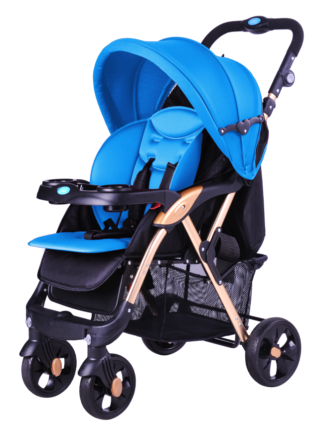 Blue Infant Stroller With Integrated Car Seat And Storage Basket PNG Product Photo