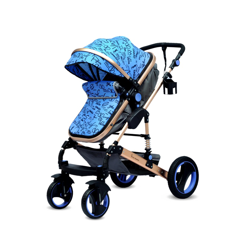 Blue Patterned Jogging Stroller With Three Large Wheels PNG Product Photo