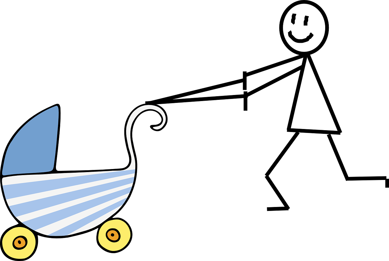 Blue Striped Baby Pram Cartoon With Woman Pushing Stroller PNG Illustration