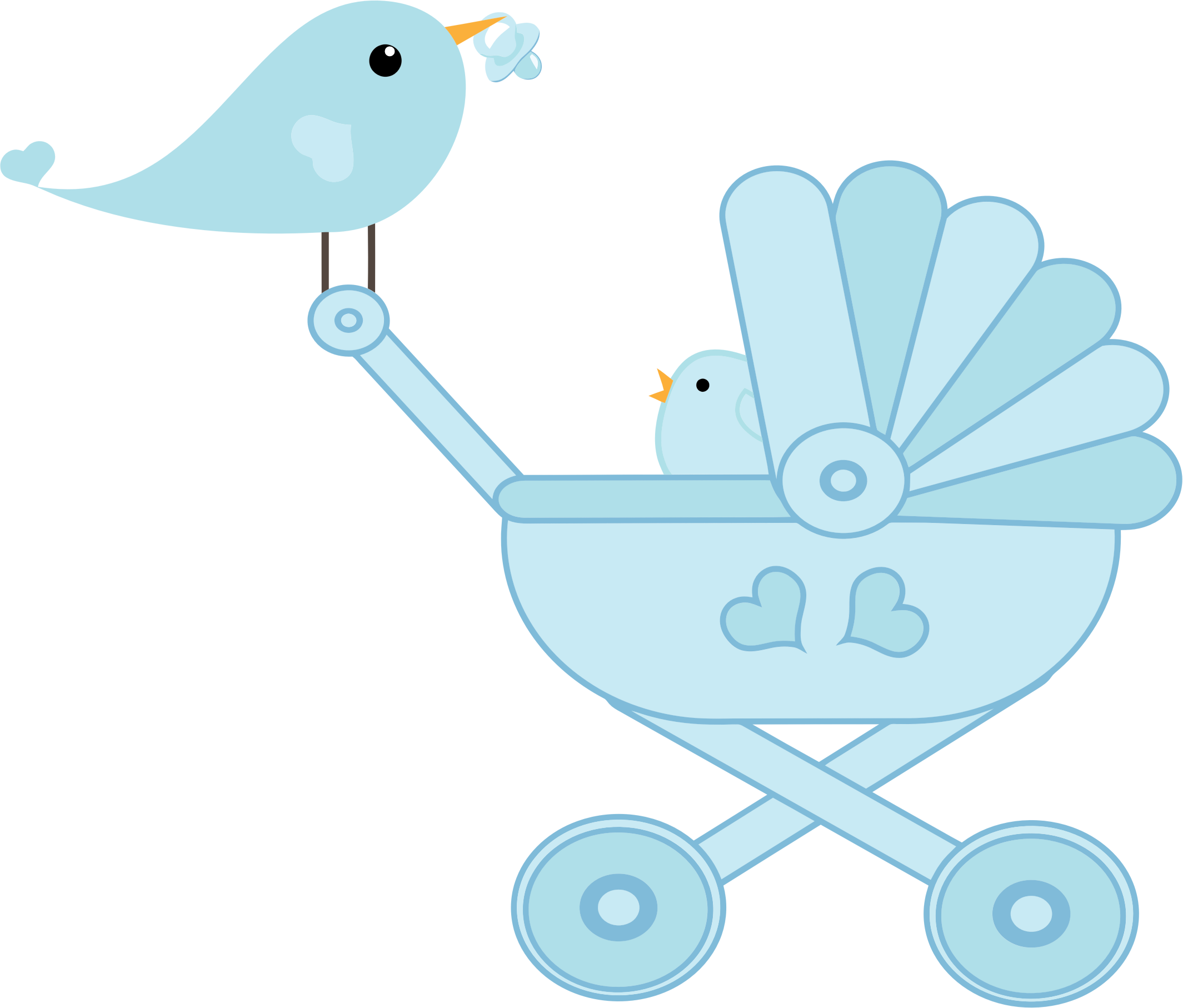 Blue Bird Themed Baby Carriage With Decorative Feather Canopy PNG Artwork