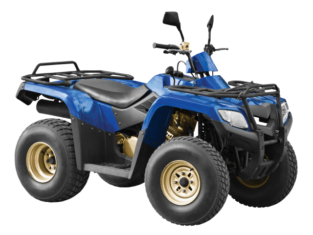 Blue Four Wheeler ATV With Gold Rims And Rear Storage Rack PNG Image