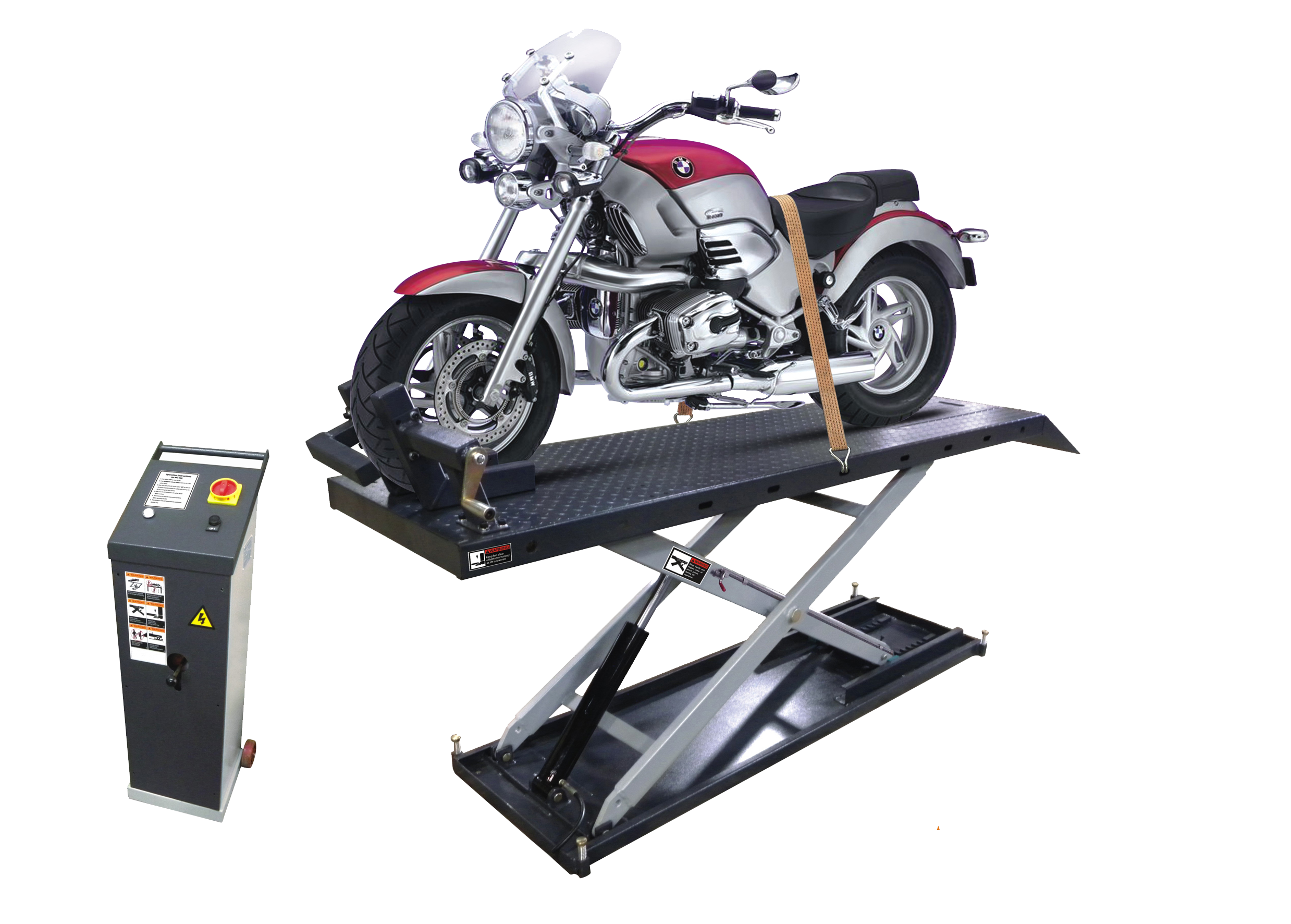 Motorcycle On Hydraulic Service Lift With Control Pedal PNG Workshop Image