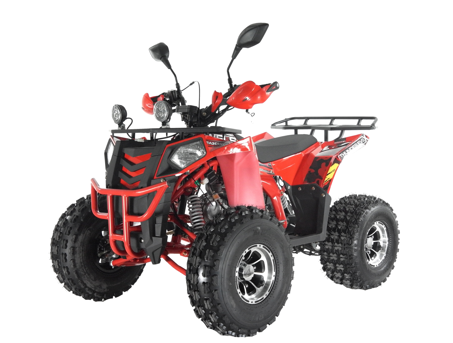 Red Four Wheeler Quad With Front Bumper And Twin Cargo Racks PNG Image