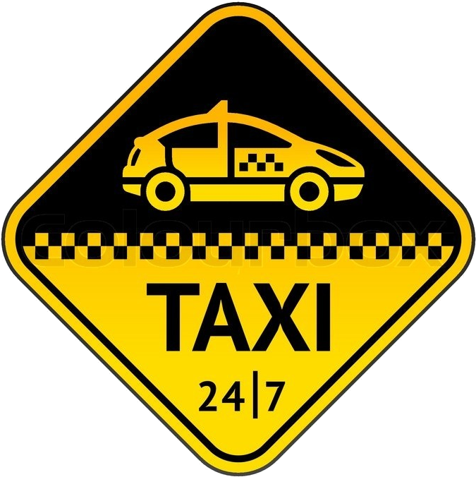 Yellow Taxi Twenty Four Seven Road Warning Sign With Car PNG Graphic