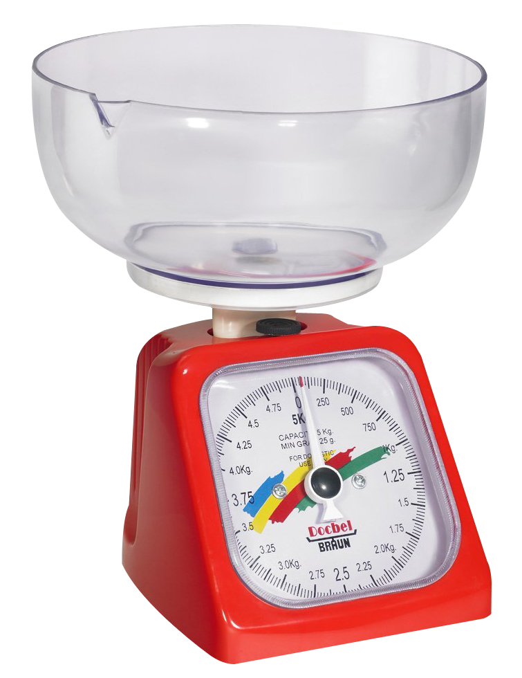 Red Kitchen Measuring Scale With Clear Bowl And Analog Gauge PNG Product Image
