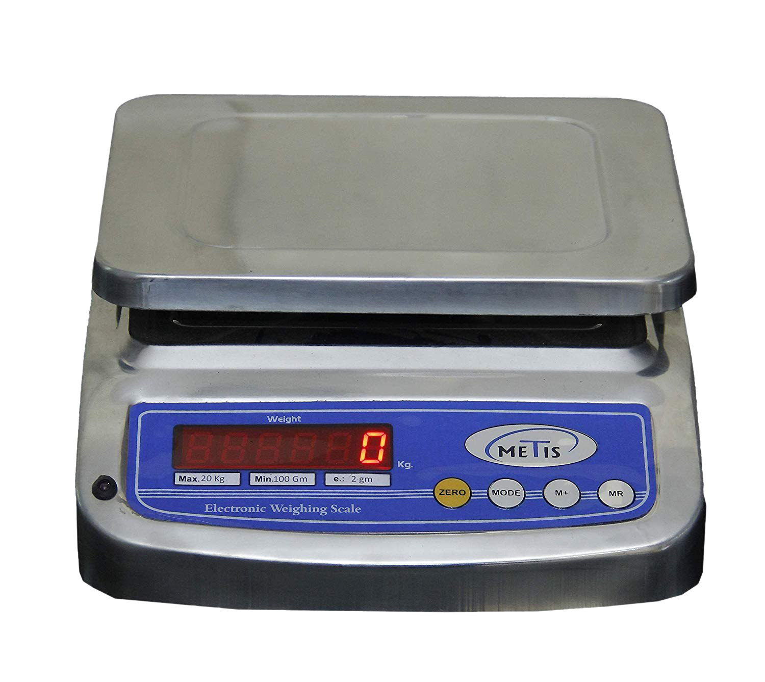 Stainless Steel Commercial Kitchen Scale With Blue Digital Display PNG Product Image