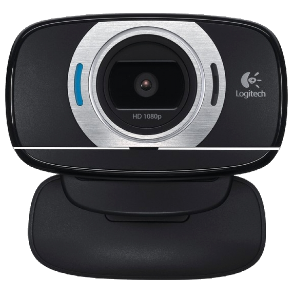 Logitech Black Webcam With Silver Lens Ring And Foldable Stand PNG Photo