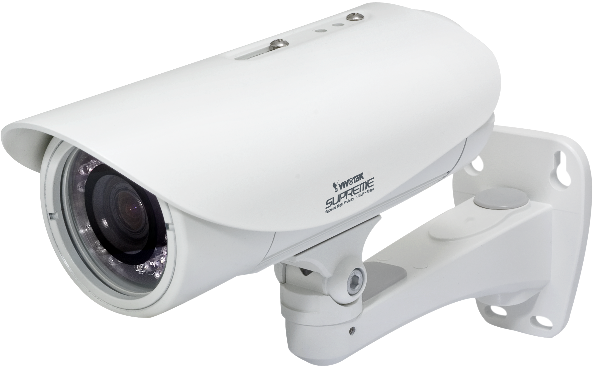 White Bullet Security Camera With Wall Mount Arm And Lens PNG Surveillance Graphic