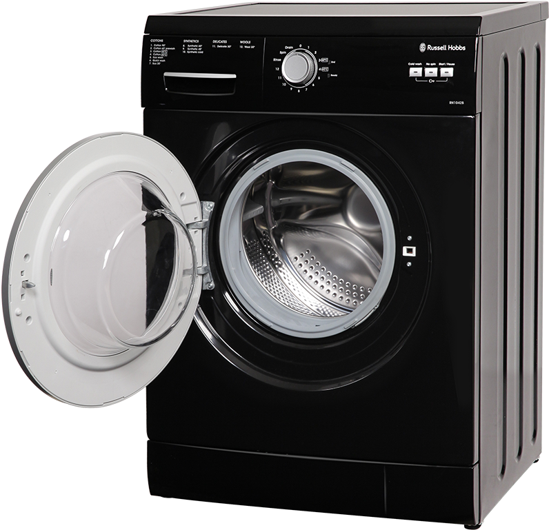 Black Front Loading Washer With Open Door And Stainless Drum PNG Product Photo