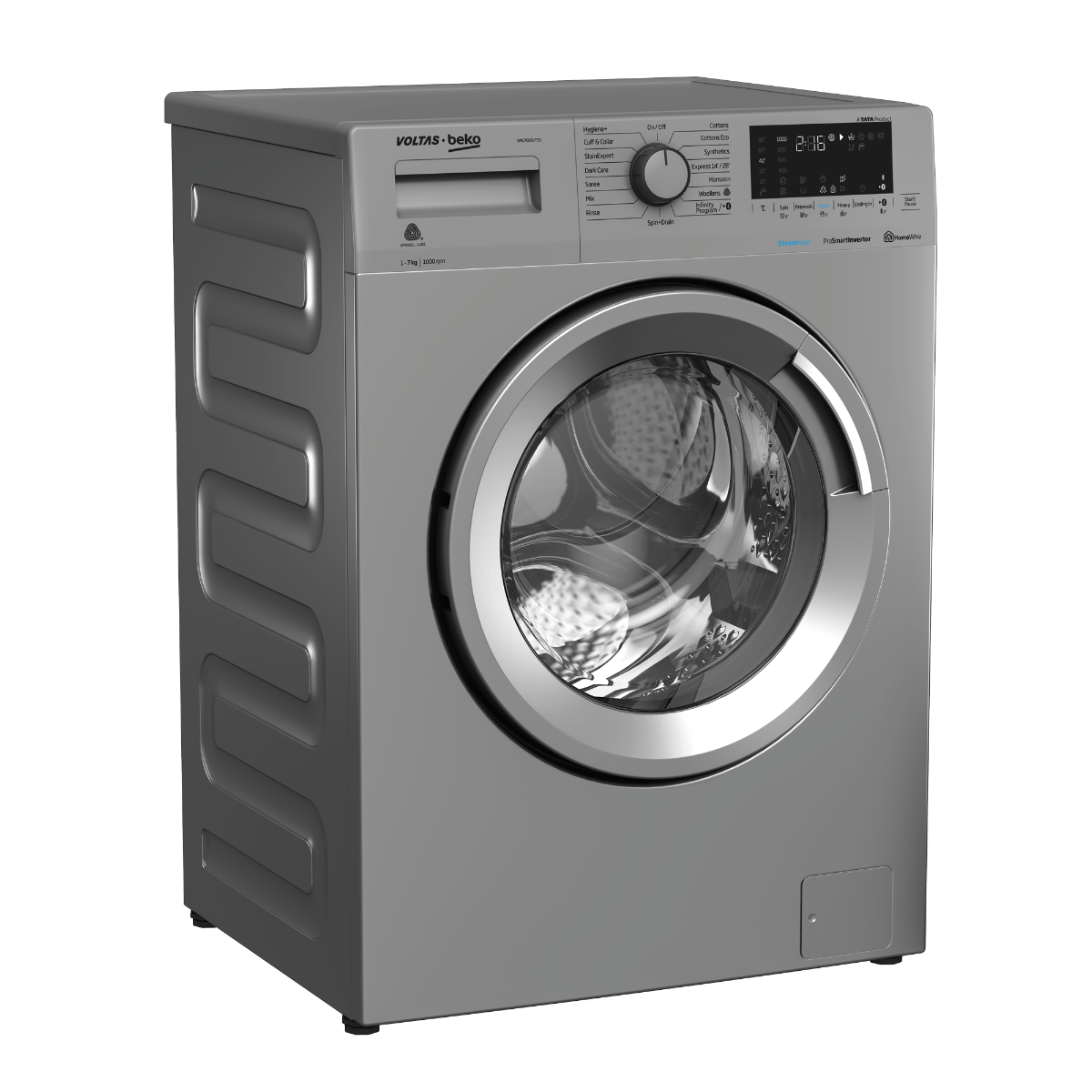 Dark Gray Front Load Washer With Black Window And Side Vents PNG Image