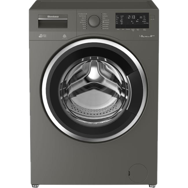 Dark Gray Front Loading Washer With Chrome Door Ring PNG Product Photo