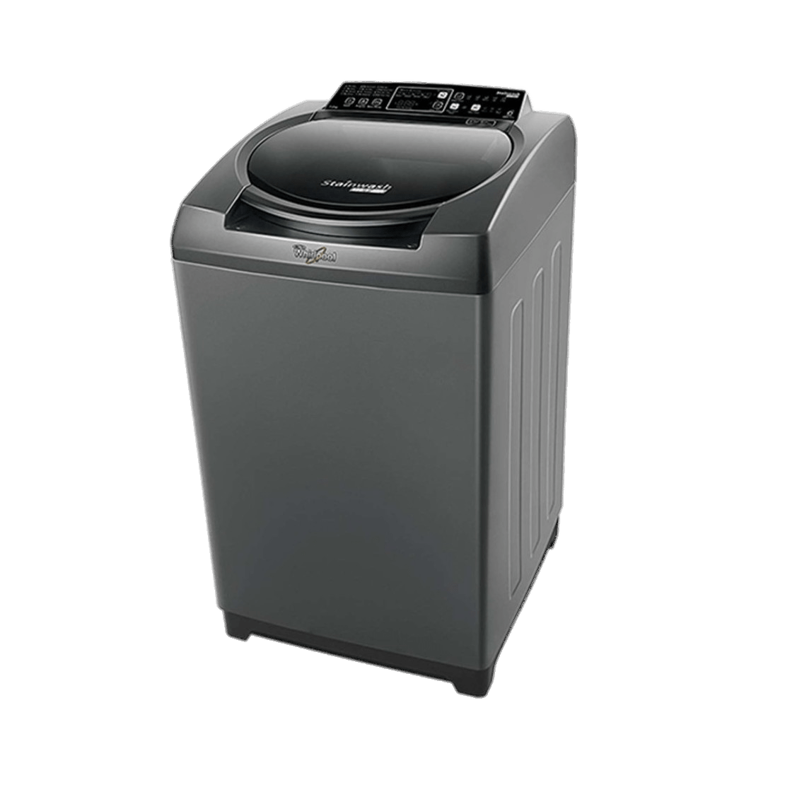 Dark Gray Top Loading Washer With Angled Black Control Panel PNG Photo