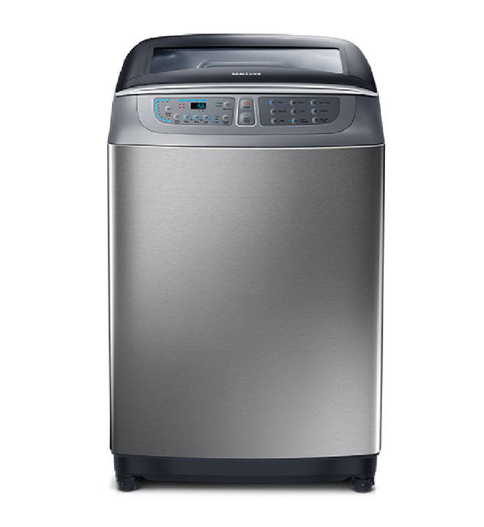 Dark Gray Top Loading Washer With Blue Digital Control Panel PNG Product Image