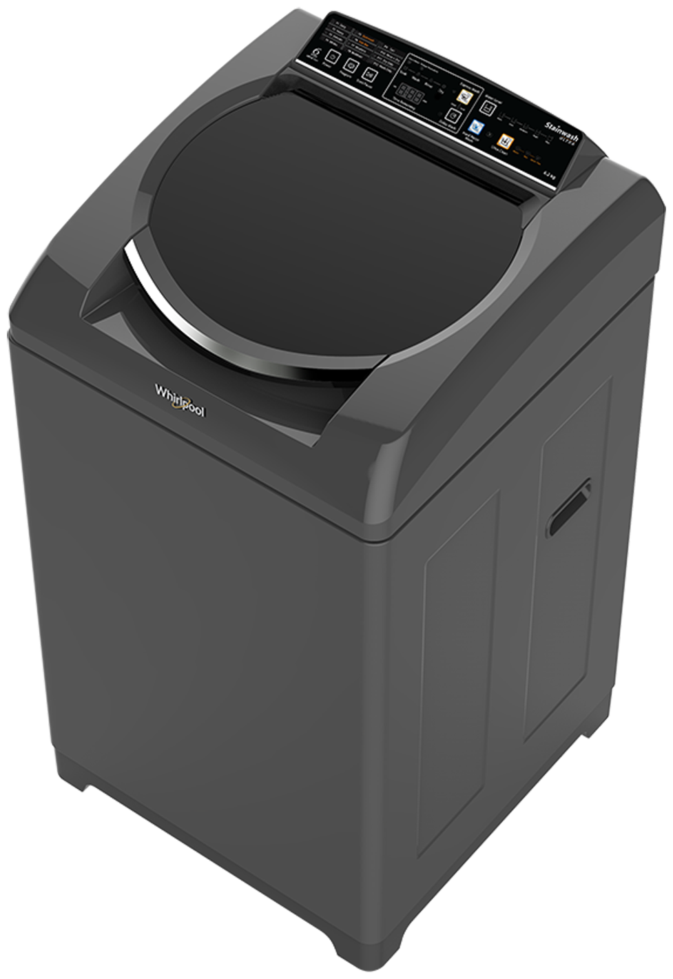 Dark Gray Top Loading Washing Machine With Angled Control Panel PNG Product Photo