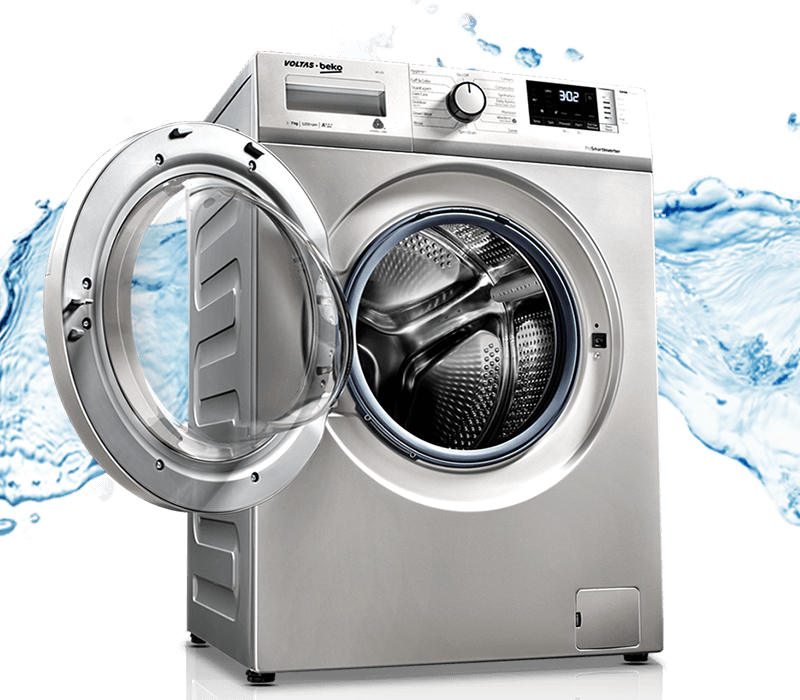 Front Load Washing Machine With Blue Water Splash And Open Drum PNG Illustration