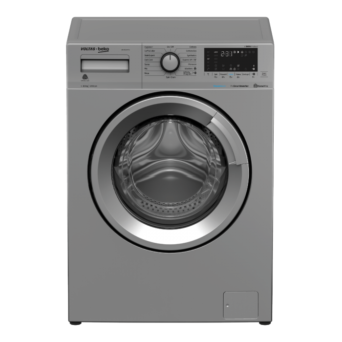 Gray Front Load Washing Machine With Dark Round Door PNG Product Image
