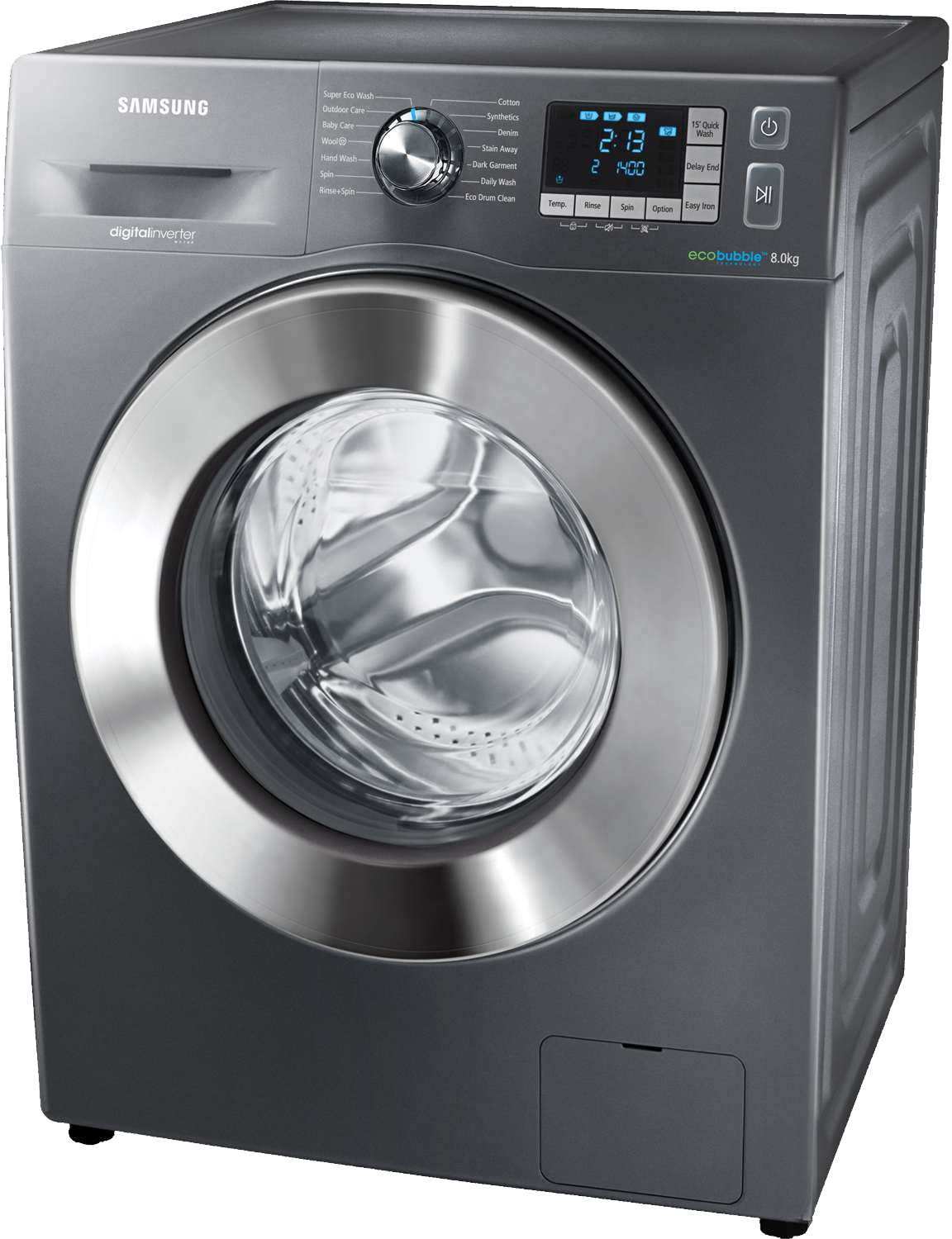 Gray Front Loading Washing Machine With Silver Circular Door PNG Appliance Photo