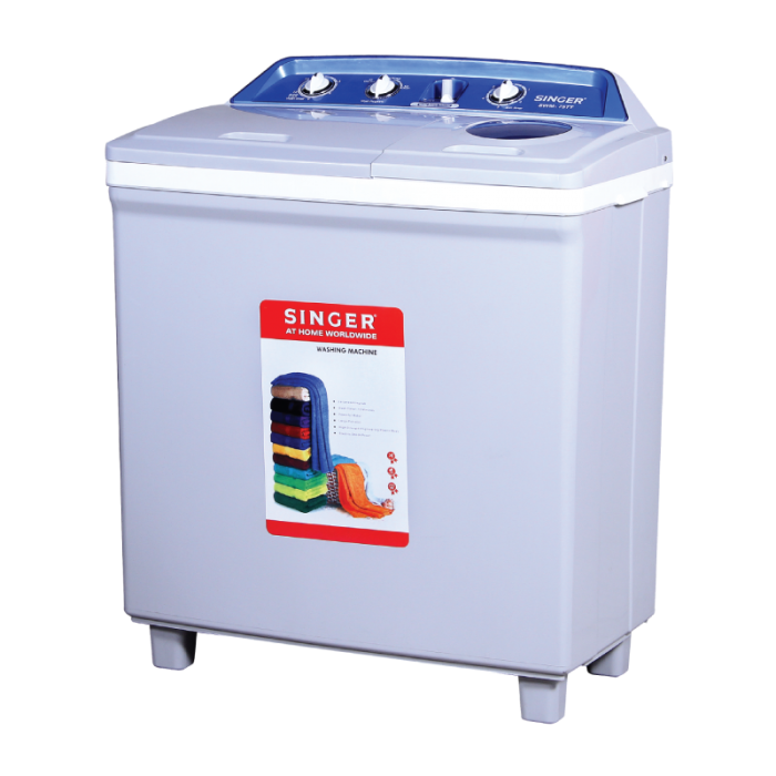 Light Blue Top Loading Washer With Colorful Product Label PNG Appliance Image