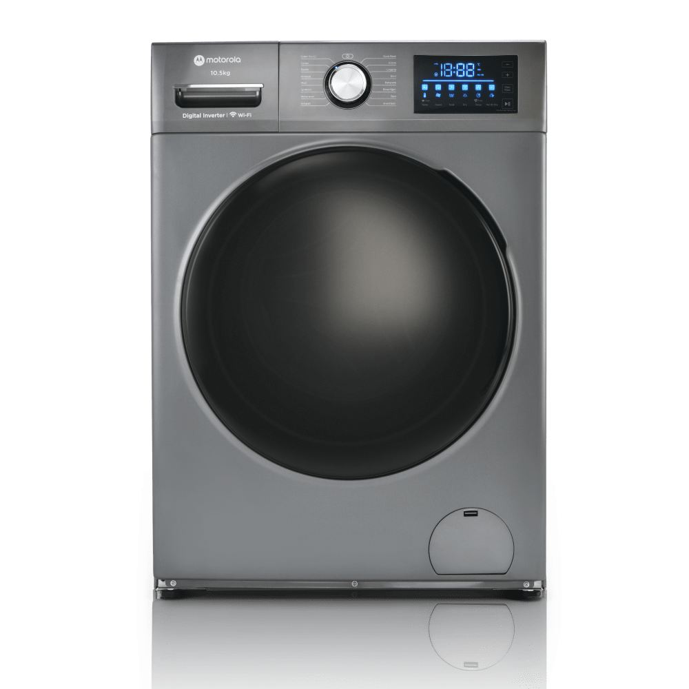 Modern Gray Front Loading Washing Machine With Oversized Black Door PNG Photo