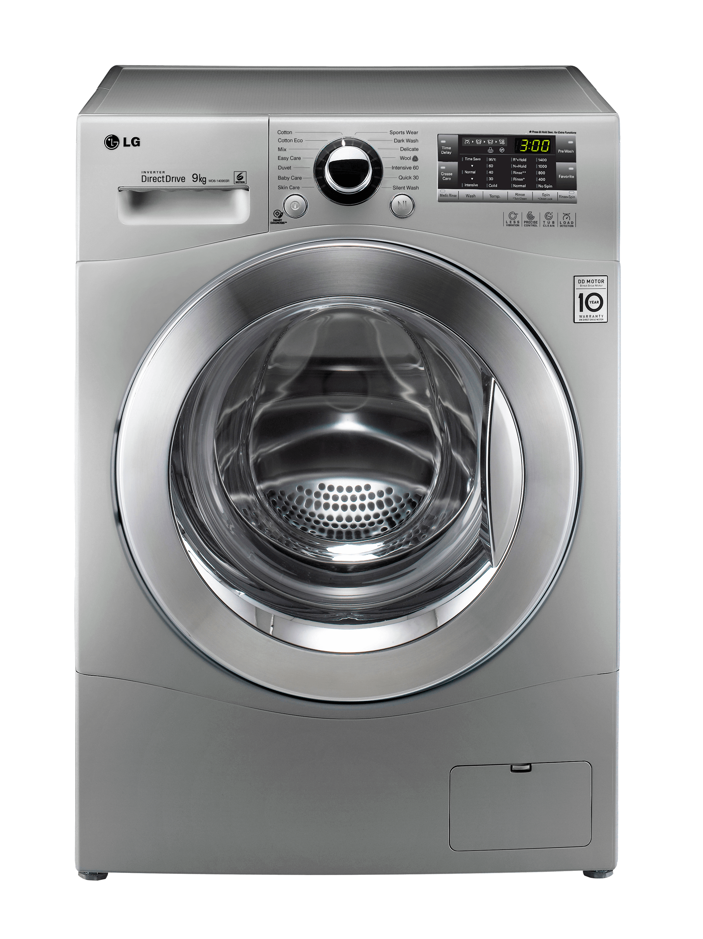Silver Front Load Washer With Chrome Door And Top Control Panel PNG Product Photo