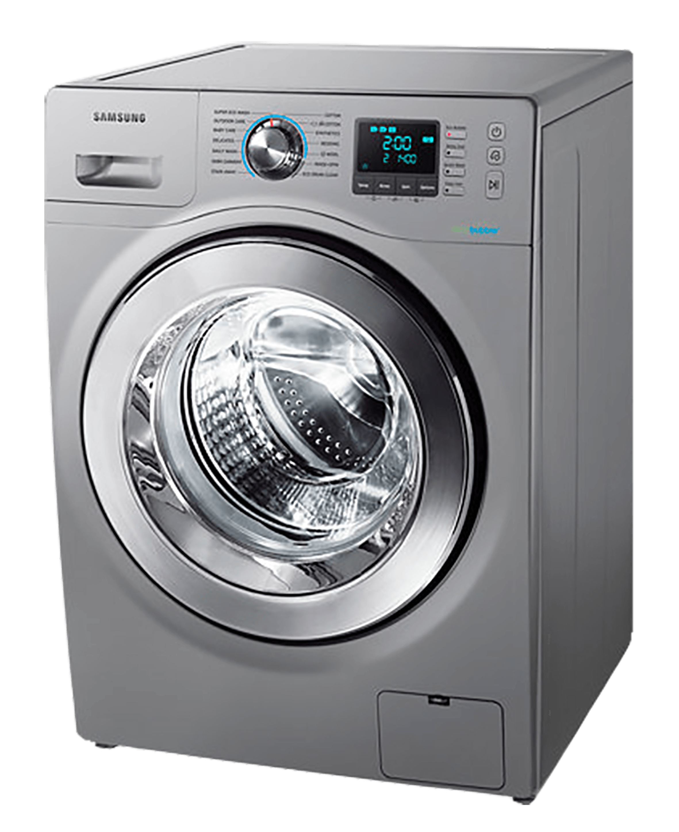 Silver Front Load Washing Machine With Digital Display And Dark Door PNG Image