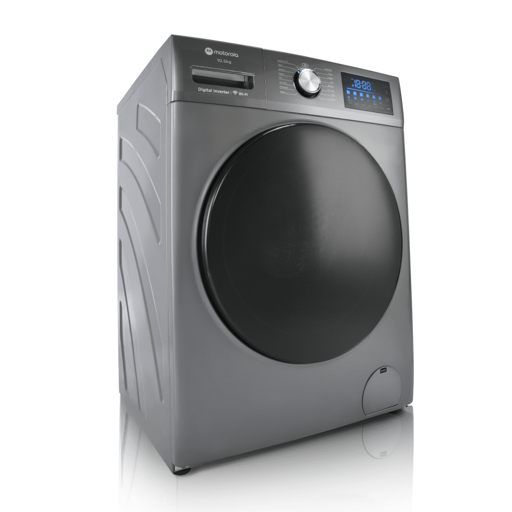 Silver Front Load Washing Machine With Large Dark Door PNG Image