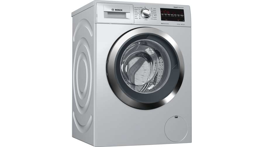 Silver Front Loading Washing Machine With Black Round Door PNG Appliance Image